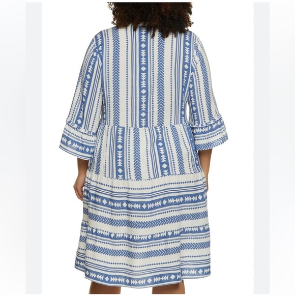 Mlle Gabrielle Aztec Notch Neck Tiered Midi Dress - Blue-3X - Picture 3 of 12